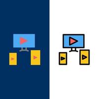 iconos de diseño de video de computadora plano y conjunto de iconos llenos de línea vector fondo azul
