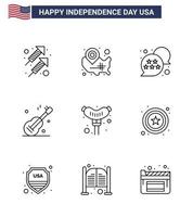 paquete de línea de 9 símbolos del día de la independencia de estados unidos de comida ubicación de estados unidos pin música burbuja de chat editable elementos de diseño vectorial del día de estados unidos vector