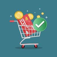 las compras en línea. icono de negocios. concepto de pago exitoso. negocio financiero con una tarjeta de crédito. caricatura plana para la idea de negocio, diseño web. ilustración vectorial vector