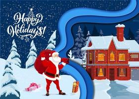 Christmas paper cut, cartoon Santa and Xmas house vector