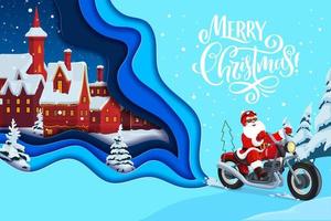 Christmas paper cut cartoon Santa on bike in town vector