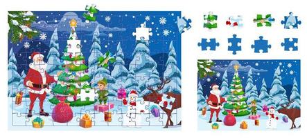 Christmas Santa, gnome, gifts. Jigsaw puzzle game vector