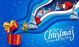 Christmas paper cut of cartoon gnome and Santa with gifts bag in winter holiday snowy forest. Vector Santa Claus and elf helper characters, Xmas tree, deer and present boxes, snowflakes and ribbons