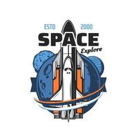 Space shuttle and planets exploration retro icon vector