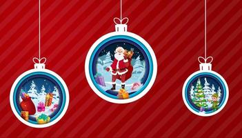 Christmas paper cut balls, Santa, Xmas tree, gifts vector