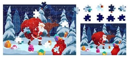 Christmas jigsaw puzzle game pieces, cartoon Santa vector