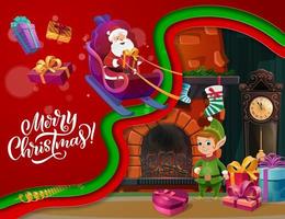 Christmas paper cut Santa and gifts near fireplace vector