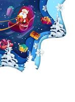 Christmas paper cut poster, flying cartoon santa vector