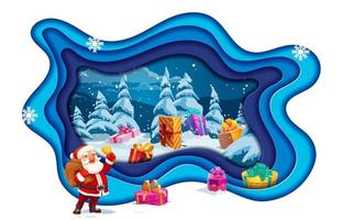 Christmas papercut, cartoon Santa gifts on snow vector
