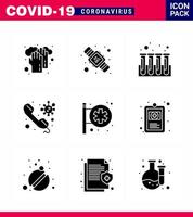 CORONAVIRUS 9 Solid Glyph Black Icon set on the theme of Corona epidemic contains icons such as hospital sign on blood doctor call viral coronavirus 2019nov disease Vector Design Elements