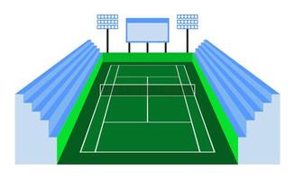 green tennis court in isometric view with spectator stands. Outdoor tennis court. Sports ground for active recreation. Vector