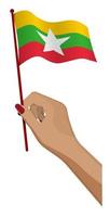 Female hand gently holds small flag of republic of myanmar. Holiday design element. Cartoon vector on white background