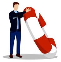 man, employee of insurance company holds large lifebuoy. Life and health insurance. Preventing accidents. A way out of difficult situations. Vector