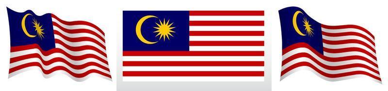 bandera de malasia en posición estática y en movimiento, ondeando en el viento en colores y tamaños exactos, sobre fondo blanco vector