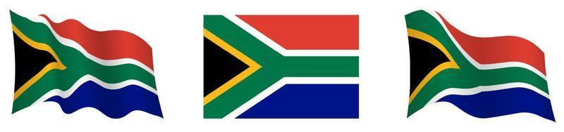 bandera de sudáfrica en posición estática y en movimiento, desarrollándose en el viento en colores y tamaños exactos, sobre fondo blanco