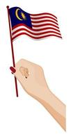 la mano femenina sostiene suavemente una pequeña bandera de malasia. elemento de diseño de vacaciones. vector de dibujos animados sobre fondo blanco