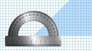 metal protractor on notebook sheet. School measuring instruments. School teaching, drawing, geometry. Vector