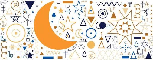 A set of aesthetic and modern Astrology minimalistic linear illustrations of the sun, moon, stars, geometric elements vector