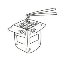 caja de wok con fideos y palillos doodle vector