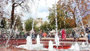 large stream of water rises from the fountain in the middle of the lake video