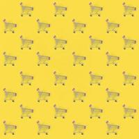 Shopping addiction, shopping lover or shopaholic concept. Many small empty shopping carts perform a pattern on a pastel colored paper background. Flat lay composition, top view photo