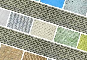 A collage of many pictures with fragments of brick walls of different colors close-up. Set of images with varieties of brickwork photo
