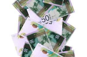 Billetes de 50 nuevos shekels israelíes volando aislados en blanco. muchos billetes cayendo con copyspace blanco en el lado izquierdo y derecho foto