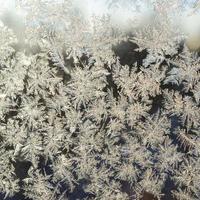 Snowflakes frost rime macro on window glass pane photo