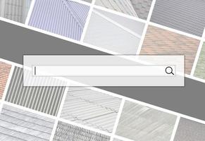 Visualization of the search bar on the background of a collage of many pictures with fragments of various types of roofing. Set of images with roofs photo