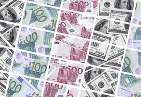 A collage of many images of euro banknotes in denominations of 100 and 500 euros lying in the heap photo