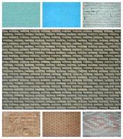 A collage of many pictures with fragments of brick walls of different colors close-up. Set of images with varieties of brickwork photo