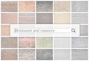 Visualization of the search bar on the background of a collage of many pictures with fragments of brick walls of different colors close up. Brickwork and masonry photo