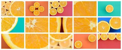 un collage de muchas fotos con jugosas naranjas. conjunto de imágenes con frutas sobre fondos de diferentes colores