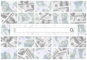 The search string is located on top of collage of many images of euro banknotes in denominations of 100 and 500 euros lying in the heap photo