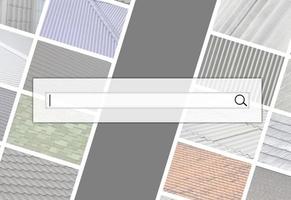 Visualization of the search bar on the background of a collage of many pictures with fragments of various types of roofing. Set of images with roofs photo