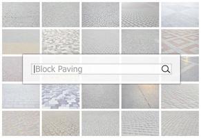 Visualization of the search bar on the background of a collage of many pictures with fragments of paving tiles close up. Block paving photo