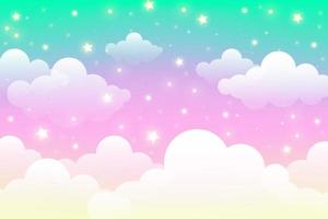 Fondo de unicornio arco iris de fantasía holográfica con nubes y burbujas. cielo de color pastel. paisaje mágico, patrón abstracto fabuloso. lindo fondo de pantalla de dulces. vector. vector