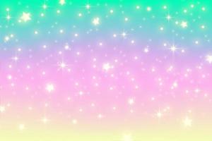 Rainbow unicorn background. Pastel gradient color sky with glitter. Magic galaxy space and stars. Vector abstract pattern.