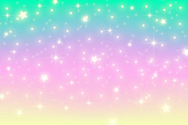Rainbow unicorn background. Pastel gradient color sky with glitter. Magic galaxy space and stars. Vector abstract pattern.
