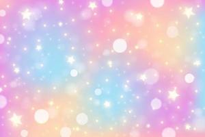 Rainbow unicorn background. Pastel gradient color sky with glitter stars and bokeh. Magic galaxy space. Vector fairy abstract pattern.