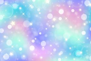 Rainbow unicorn background. Pastel gradient color sky with glitter stars and bokeh. Magic galaxy space. Vector fairy abstract wavy pattern.