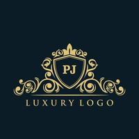 Letter PJ logo with Luxury Gold Shield. Elegance logo vector template.