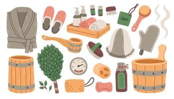 Set of items for russian bath and sauna, set of doodles on the theme of sauna, isolated on a white background, hand-drawn doodles vector