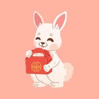 Happy Chinese new year greeting card 2023 with cute rabbit with red Chinese box. 2023 CNY card. Animal holidays cartoon character. Vector illustration