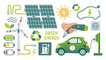 Green energy set isolated on white background, wind generator and solar battery, green energy, electric car and charging, solar powered house. Vector illustration