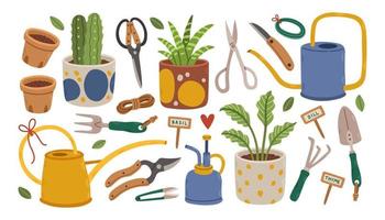 Set of gardening tools and plants in pots isolated on white. Bundle of equipment for home plants. Flat cartoon vector. vector