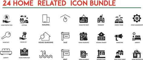 Set of real estate and homes thin line icons. Contains icons as area, hand holding key, smart home, contact and support, apartments and more. Editable stroke. vector