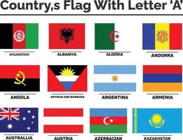 banderas de países con un conjunto vectorial de nombre de letra de iconos de escudo plano. banderas de todos los paises y continentes vector