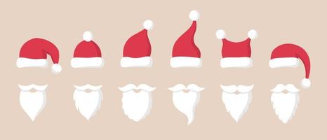 Collection of Santa Claus red hats, mustache and beards. Christmas symbols in flat style. vector