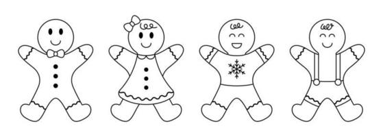 Collection of outline gingerbread man and woman biscuit. Christmas line cookie on white background. vector